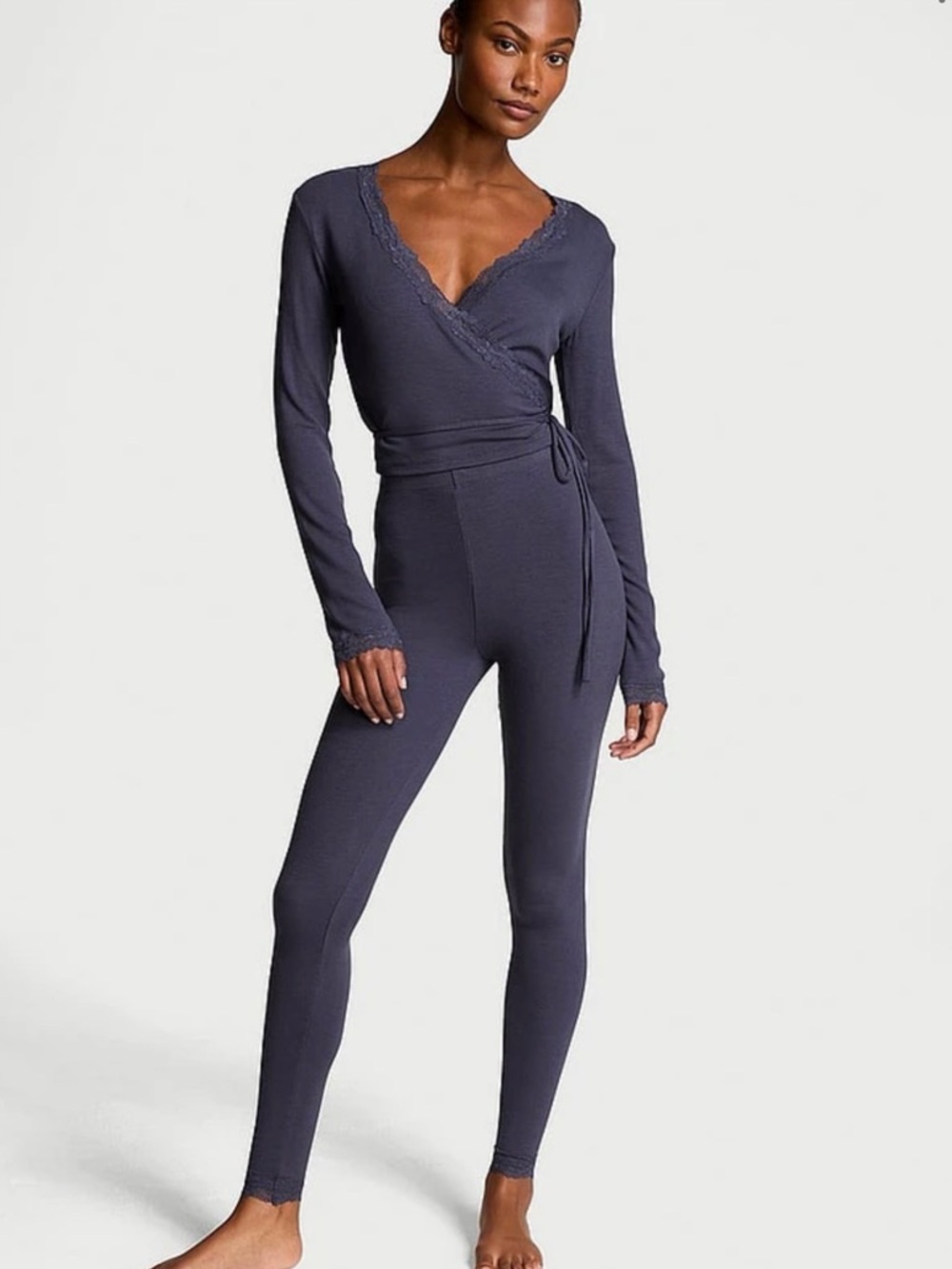 Victoria Secret Wrap-Front Ribbed Pyjamas in Deep Slate